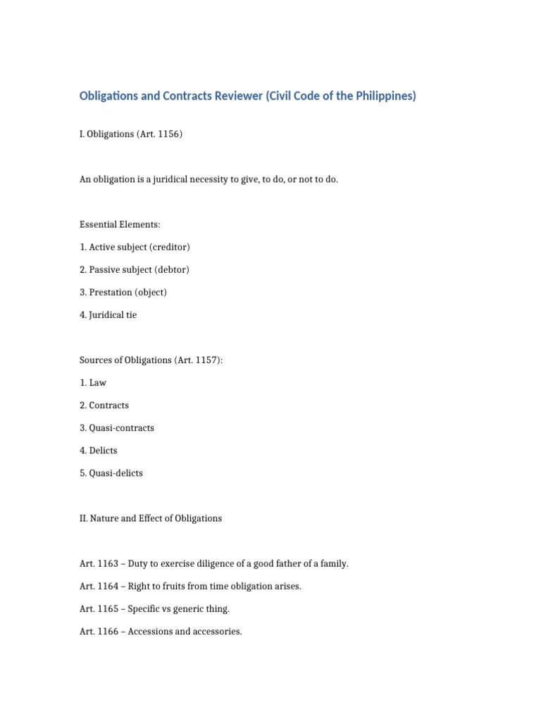 Obligations and Contracts Reviewer | PDF | Common Law | Private Law