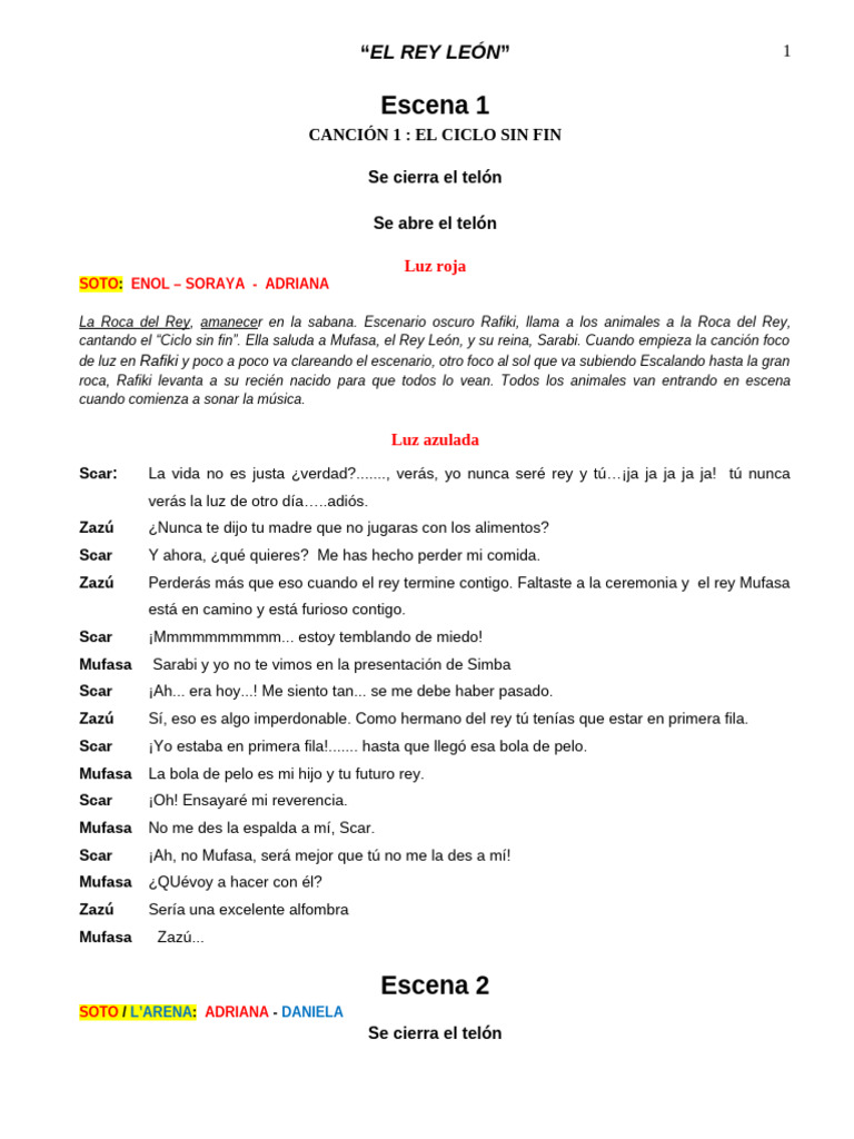 Guión Del Rey León Mayo | PDF