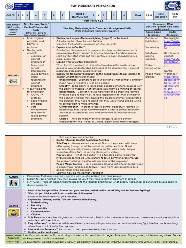 Lesson Plan Gr. 4 Life Skills PSW T1 W 7&8 (1) | PDF | Conflict ...
