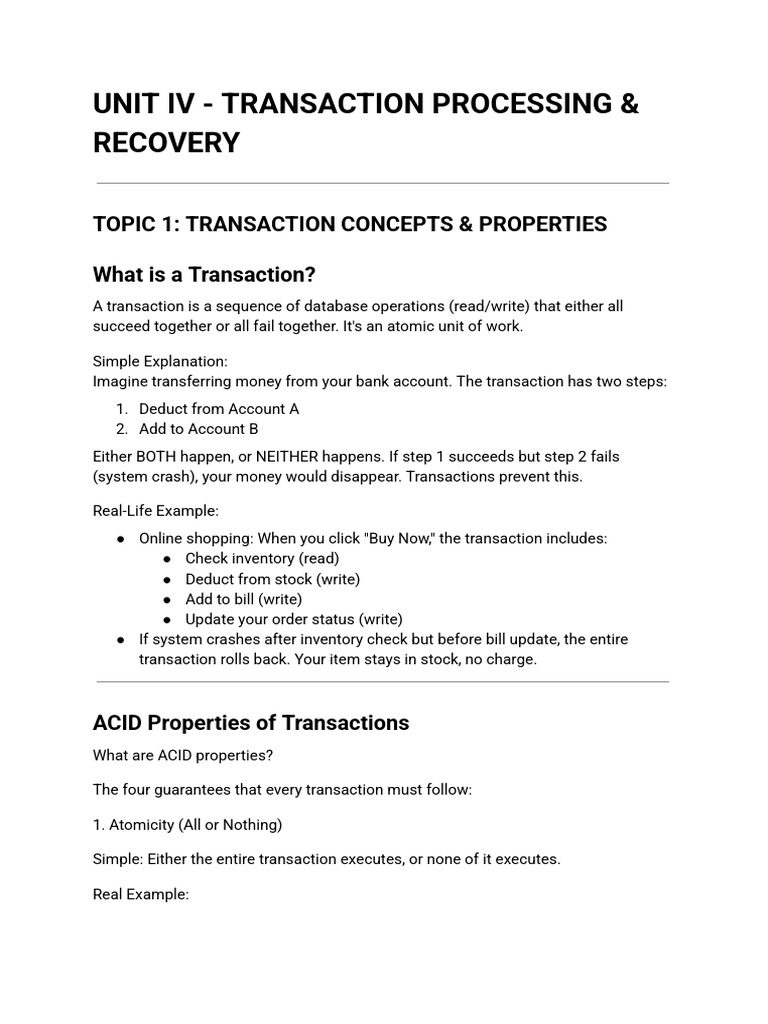 Unit IV - Transaction Processing & Recovery | PDF | Database ...