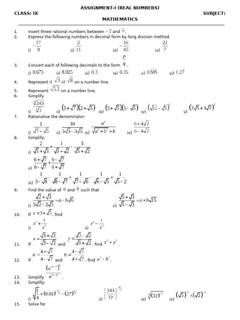 Real Numbers Maths - Assignment-i Class-ix | PDF