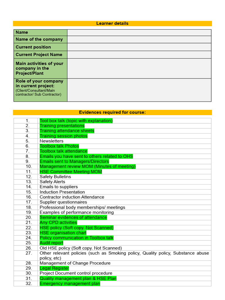 NVQ Reg Checklist For Learners | PDF | Safety | Occupational Safety And ...
