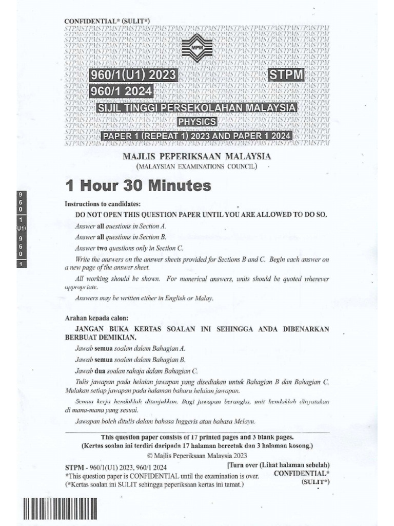 Physics 1 STPM 2024 - Answer (Student) | PDF