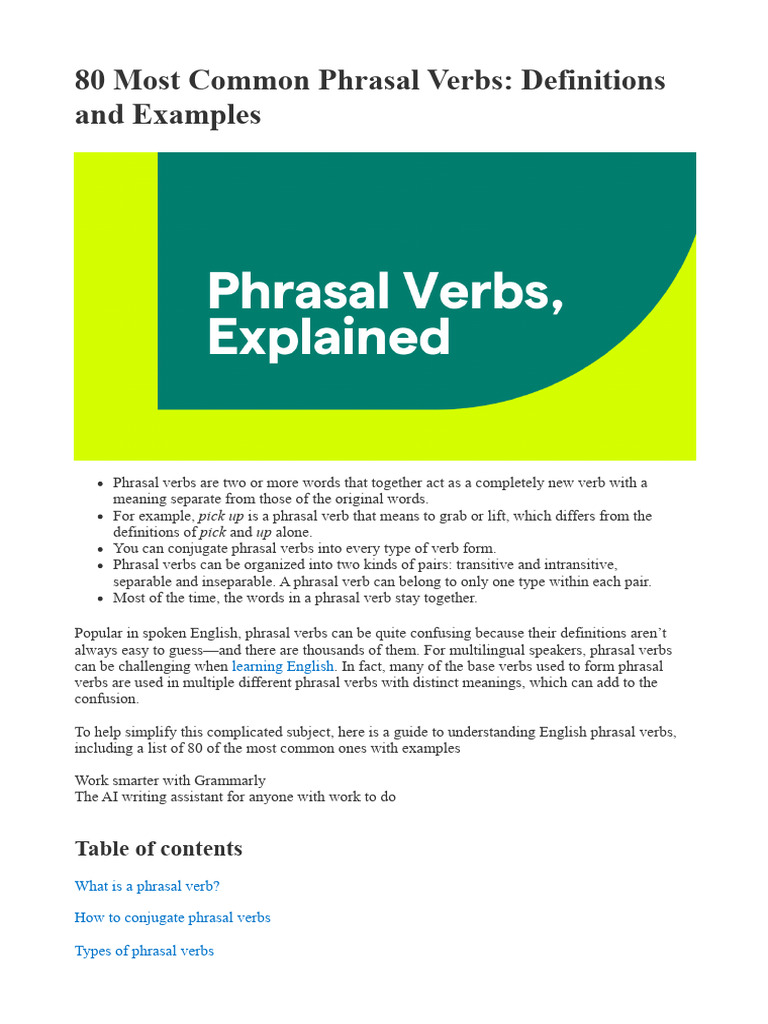 Phrasal Verbs - 80 Most Common Phrasal Verbs | PDF | Verb | Grammatical ...