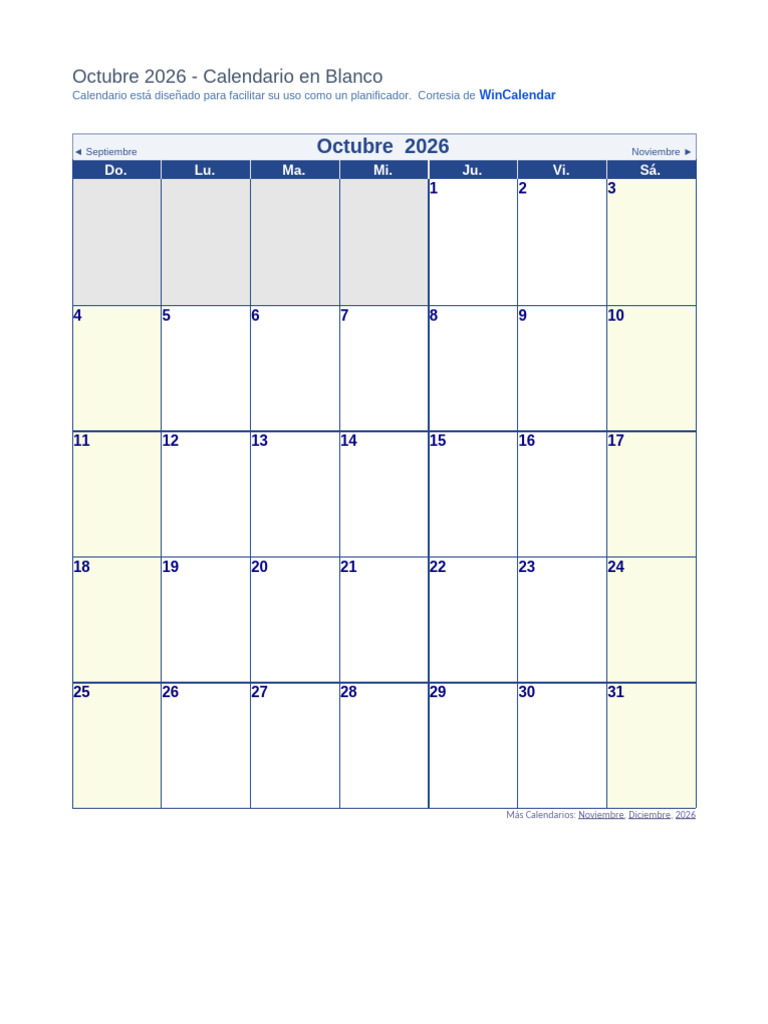 Calendario Octubre 2026 | PDF