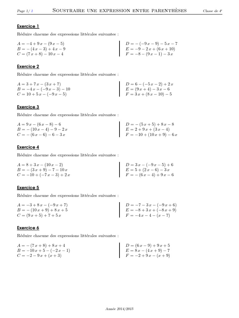 Soustraire Une Expression Entre Parentheses Serie D Exercices 2 | PDF