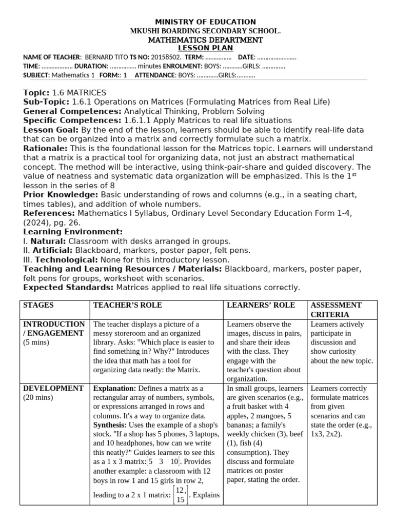 Matrices Mathematics 1 Form 1 Lesson Plans | PDF | Matrix (Mathematics ...