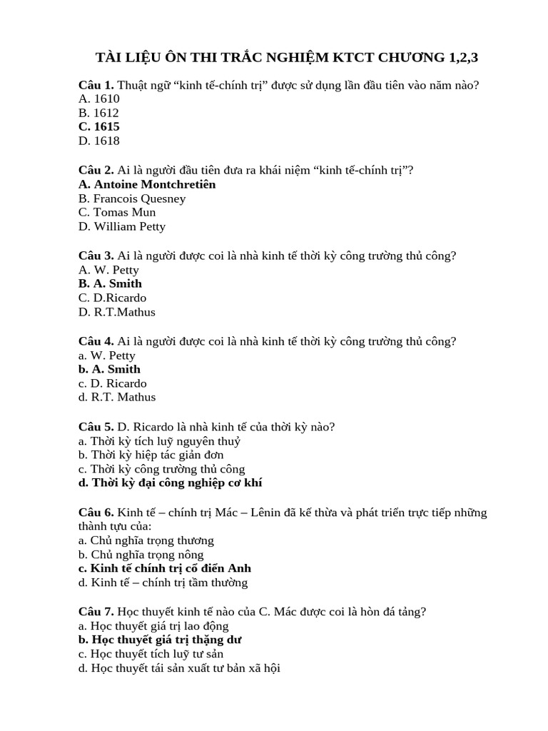 Tài Liệu Ôn Thi Trắc Nghiệm Ktct Chương 1-2-3 | PDF