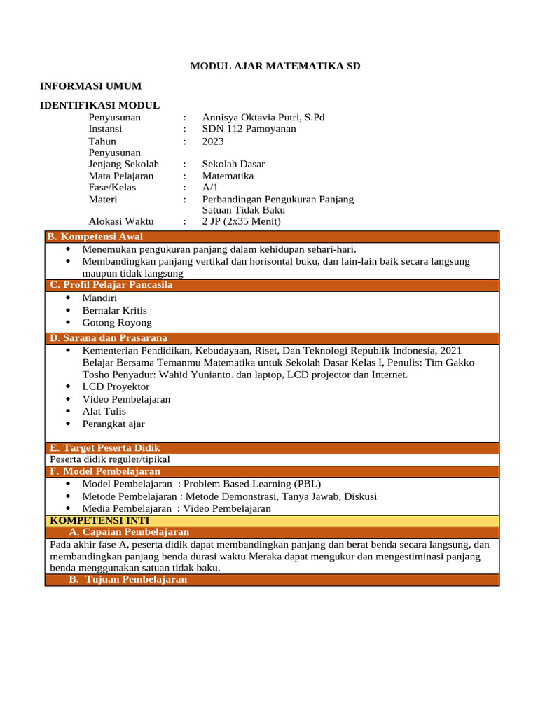 Modul Ajar Matematika SD Perbandingan Panjang Kelas 1 | PDF