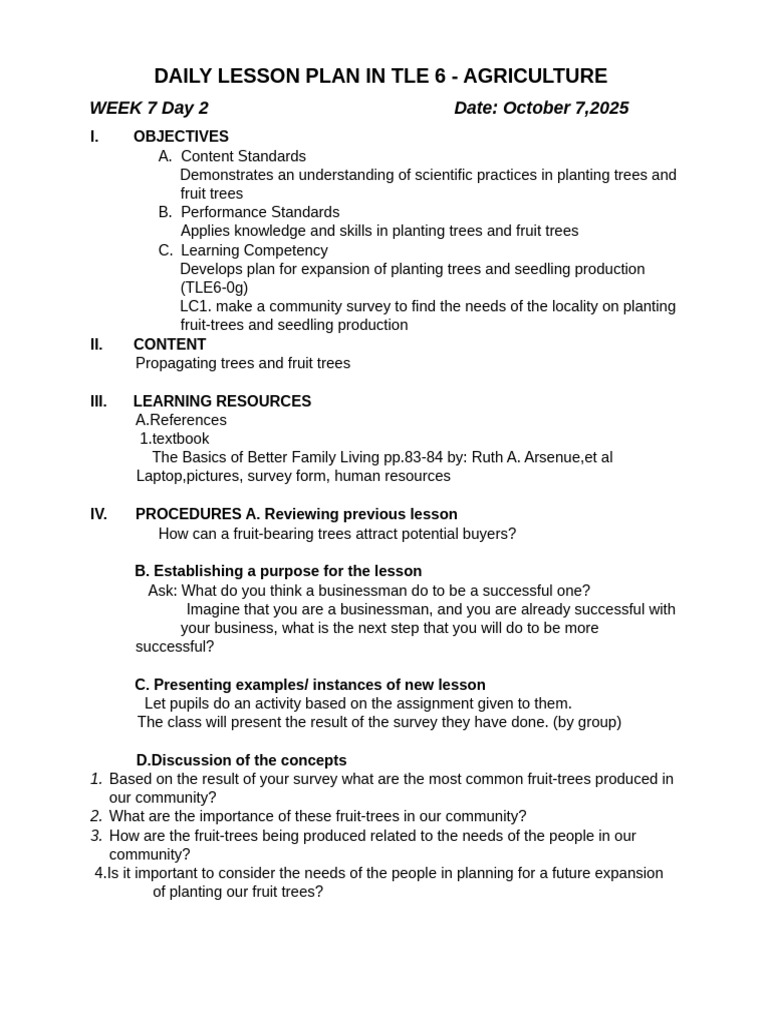 Grade 6 DLP - TLE - Agriculture - Week 8 | PDF | Learning | Knowledge