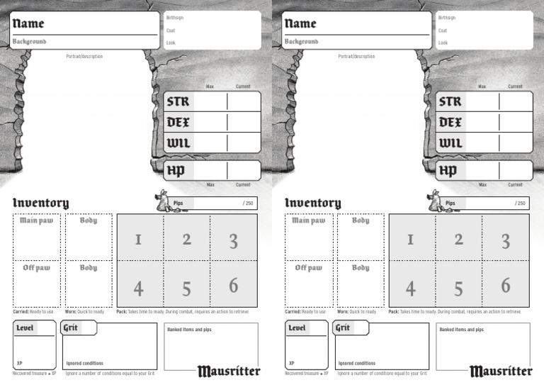 Mausritter Character Sheets - DRBL AQl | PDF