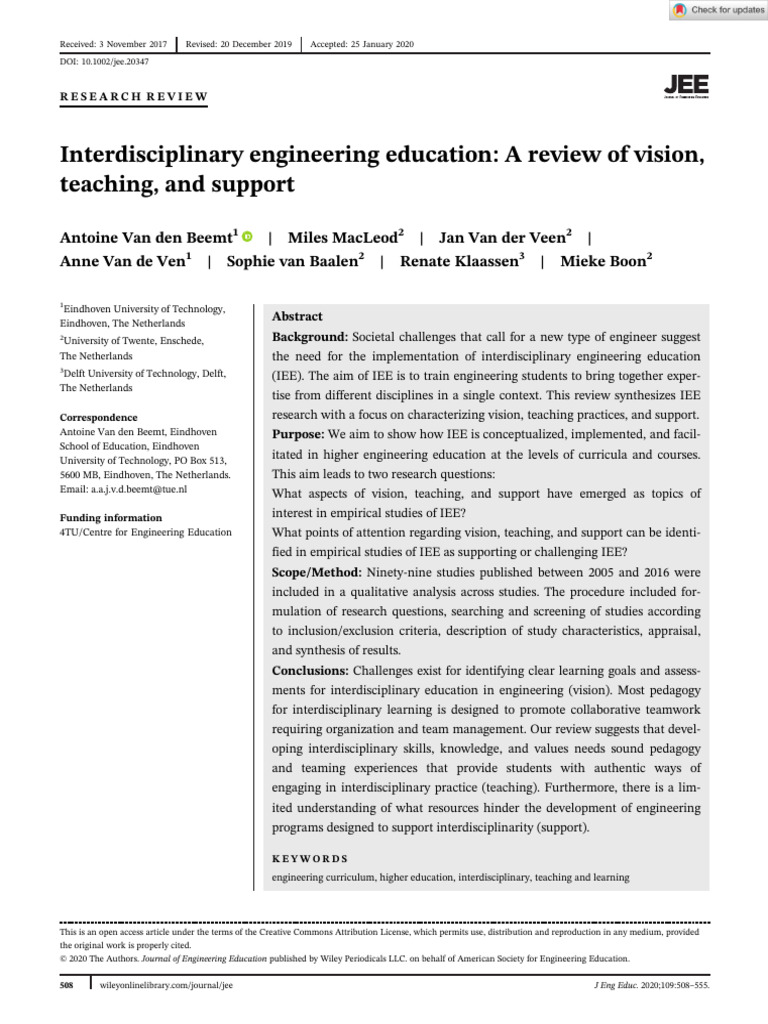 J of Engineering Edu - 2020 - Van Den Beemt - Interdisciplinary ...