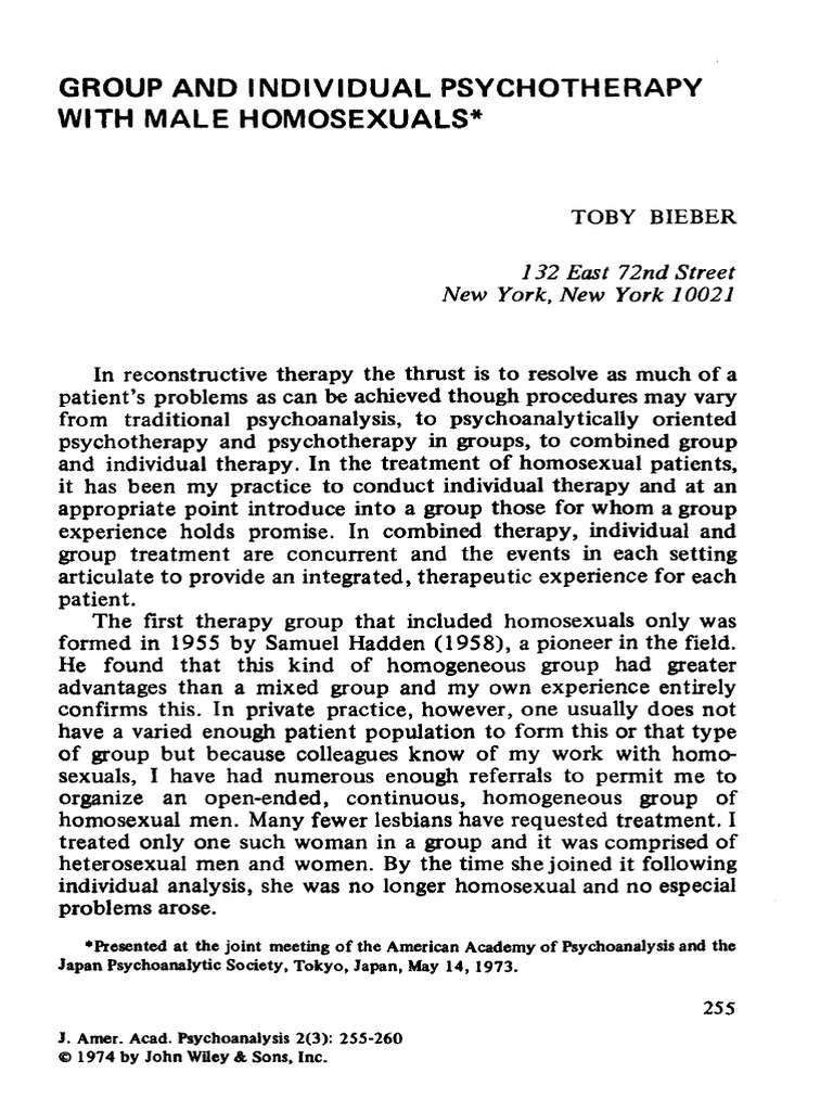 Group and Individual Psychotherapy With Male Homosexuals (Bieber, Toby ...
