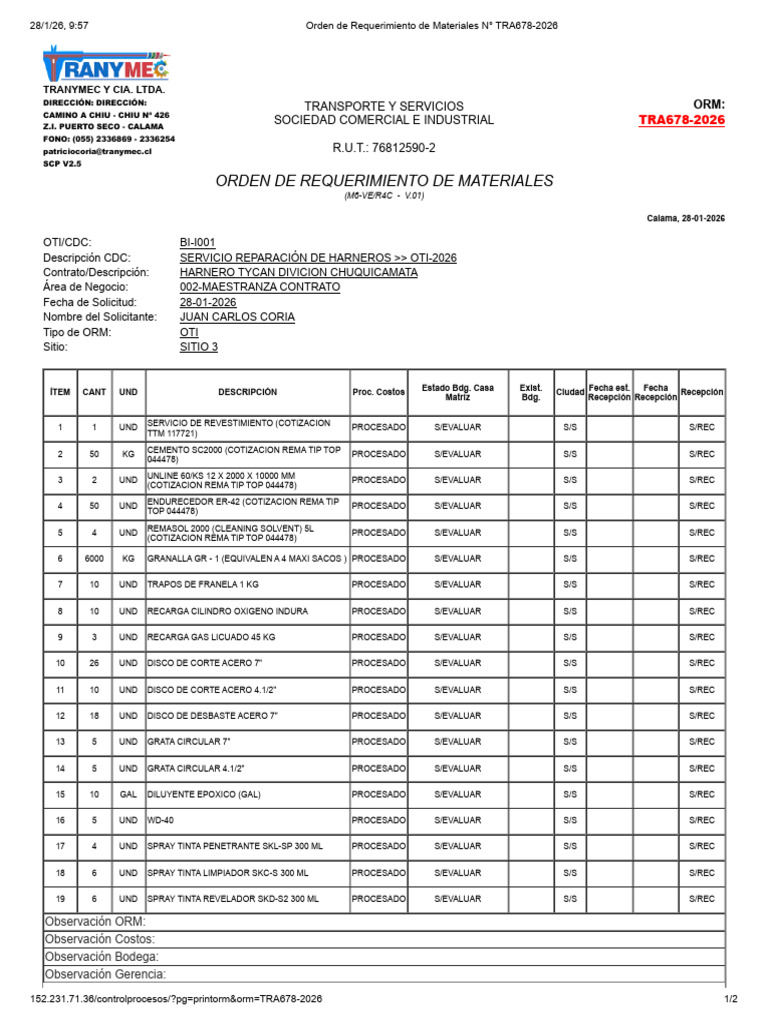 Orden de Requerimiento de Materiales #TRA678-2026 | PDF | Materiales ...