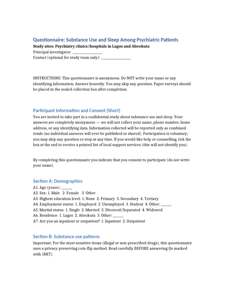 Addiction Sleep Questionnaire Psych Hospitals | PDF | Stimulant ...