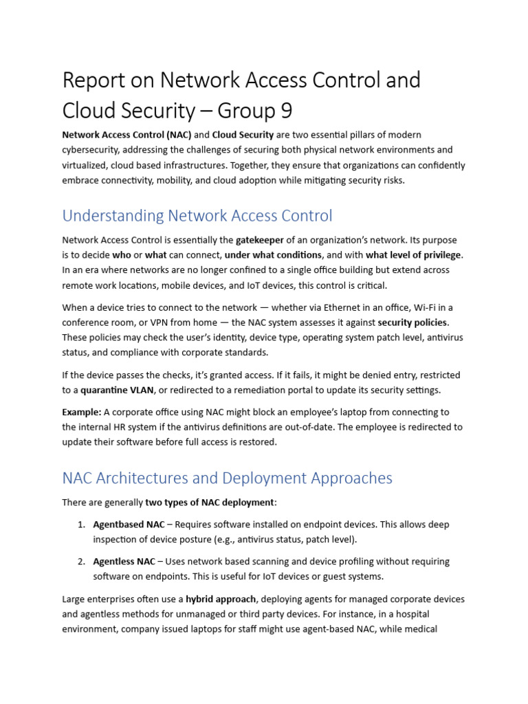 Group 9 Report on Network Access Control and Cloud Security | PDF ...
