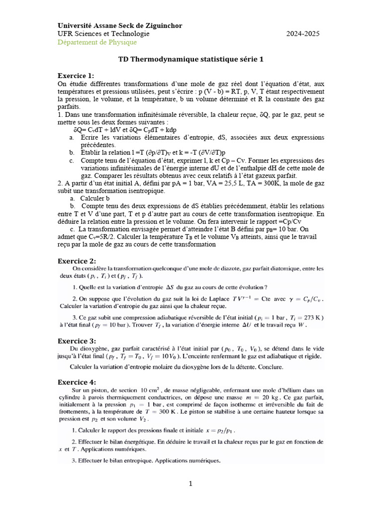 TD Thermodynamique Statistique Série 1: Département de Physique | PDF ...