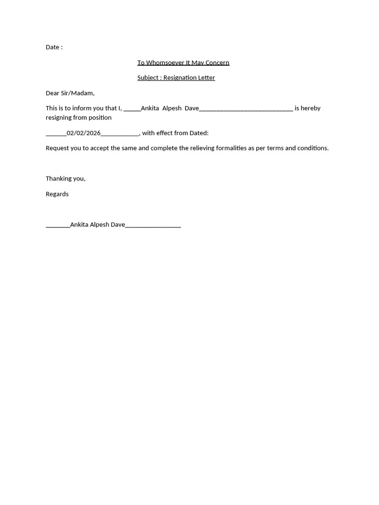 Resignation Format 1 | PDF