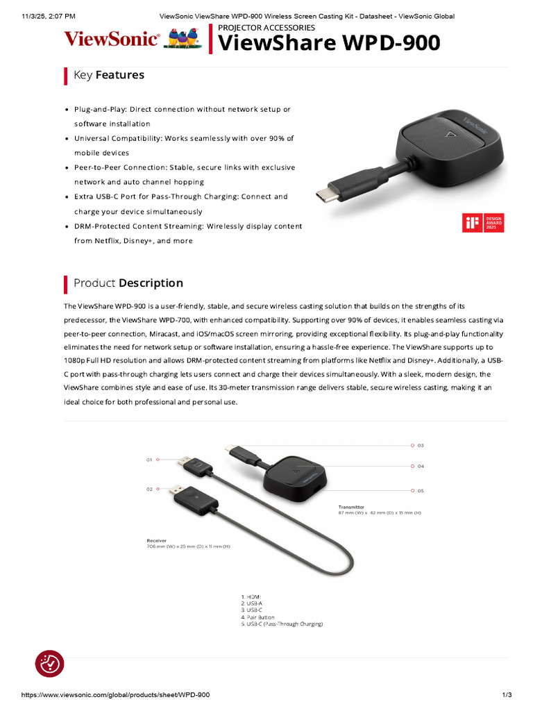 ViewSonic ViewShare WPD-900 Wireless Screen Casting Kit - Datasheet ...
