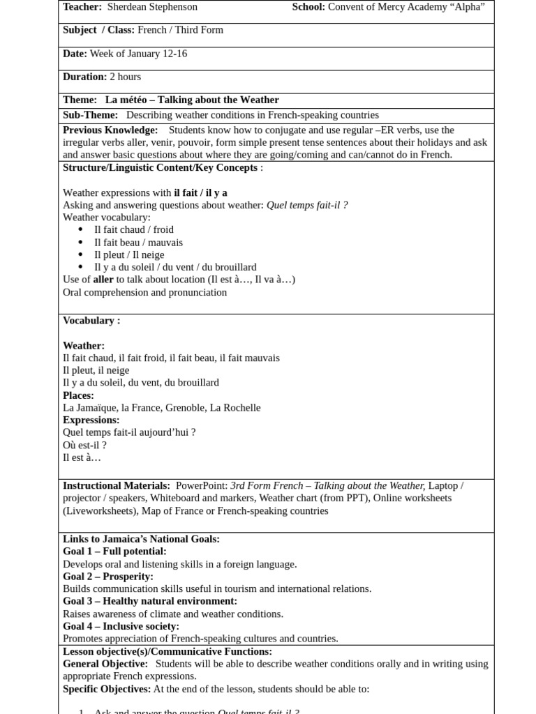 Form 3 Lesson Plan - Weather | PDF