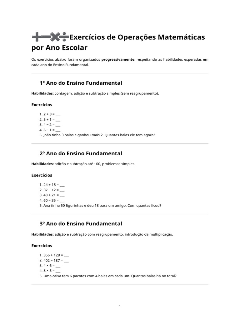 Exercícios de Operações Matemáticas - 1º Ao 9º Ano | PDF | Álgebra ...