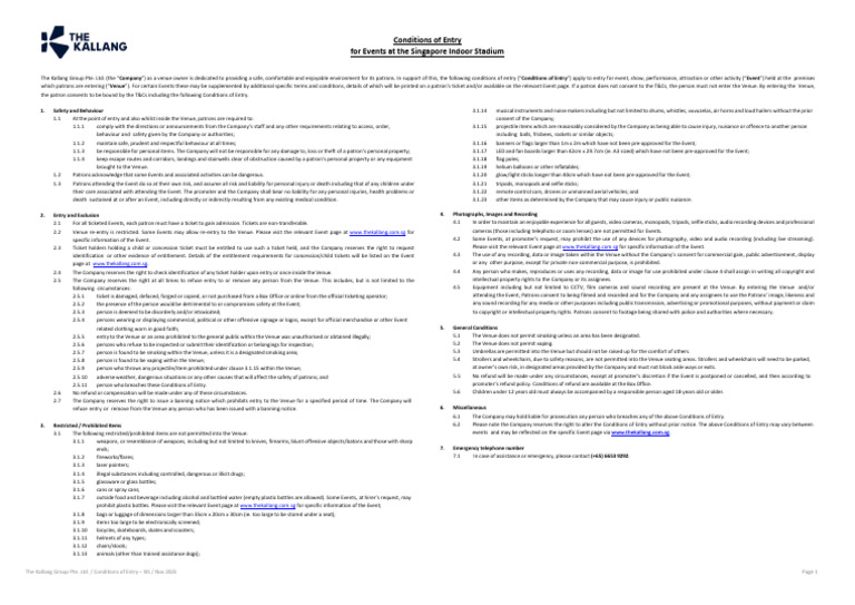 Conditions of Entry For Events at The Singapore Indoor Stadium | PDF ...