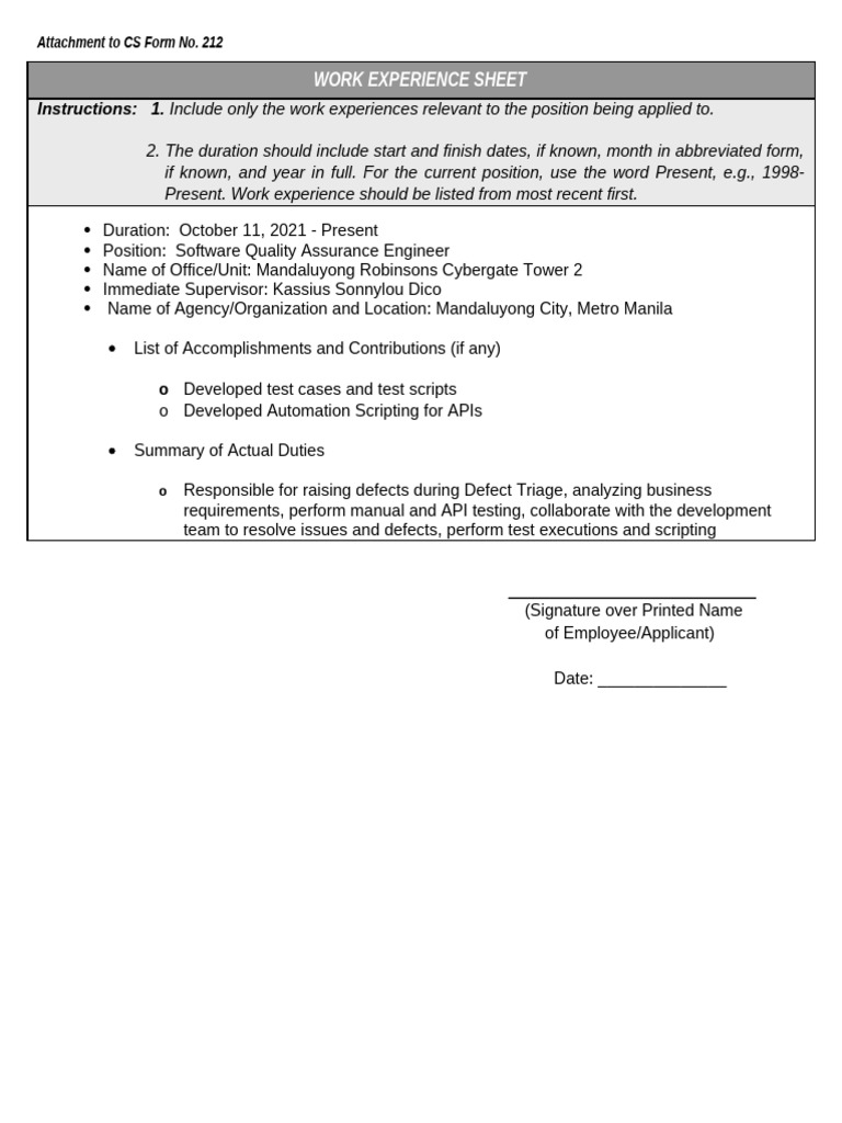 CS Form No. 212 Attachment - Work Experience Sheet | PDF