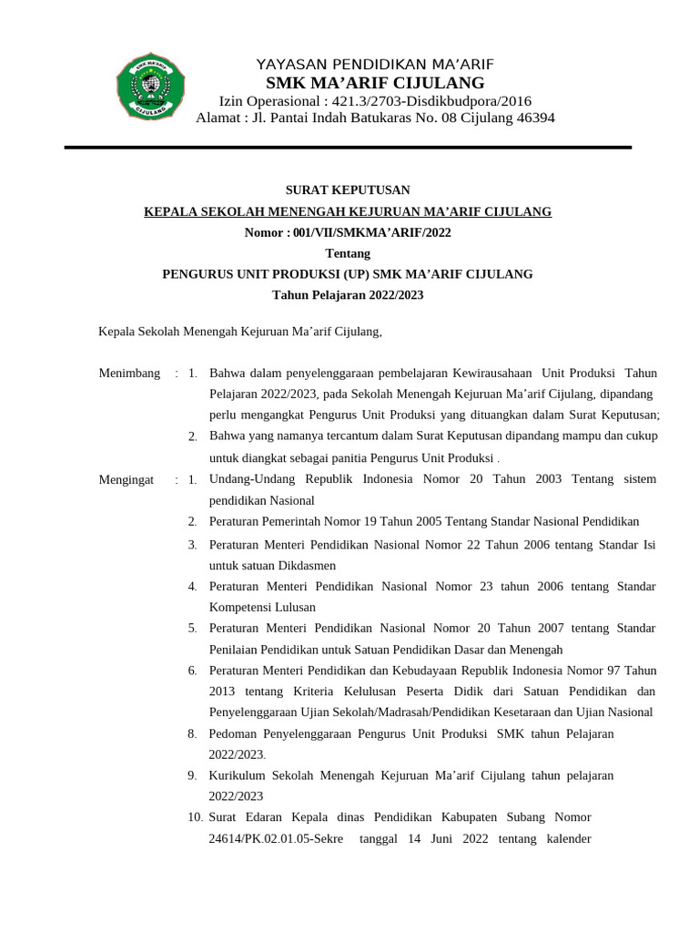 SK Pengurus Unit Produksi Upw | PDF