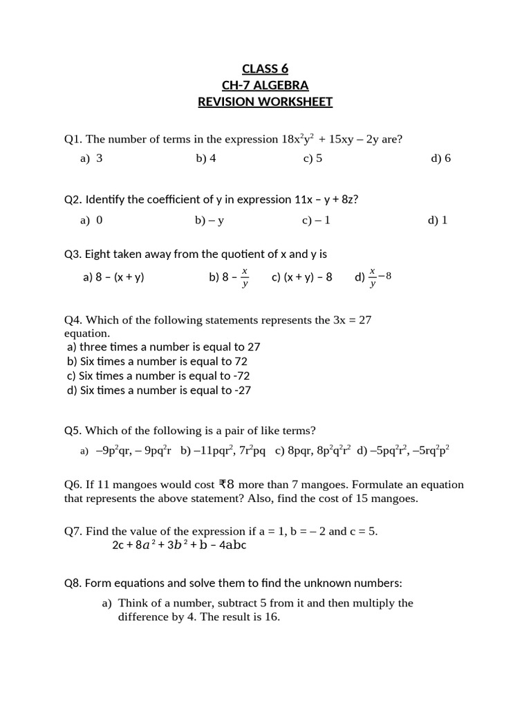 Class 6 Algebra | PDF