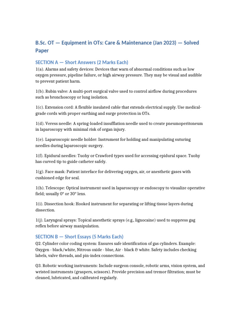 BSC OT Equipment Solved Paper 2023 | PDF | Clinical Medicine