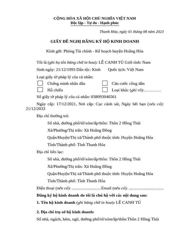 Đơn DDKKD hộ cá thể | PDF