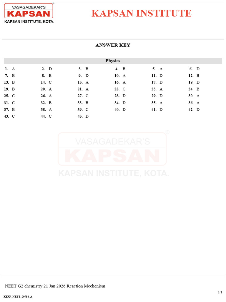 R2027NEET Phy OPT (2 FEB 2026) - 00784 - A - Answer - Key | PDF