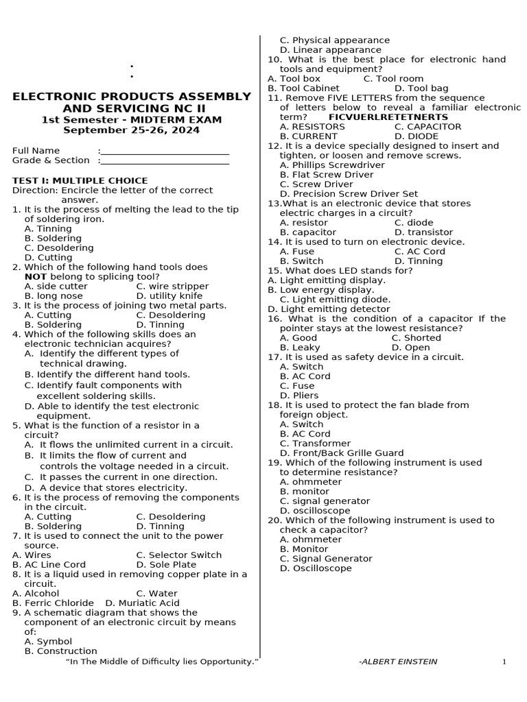 EPASG111 ST Sem Mid Term Exam SY2024 To 25 P 1 | PDF | Electrical ...
