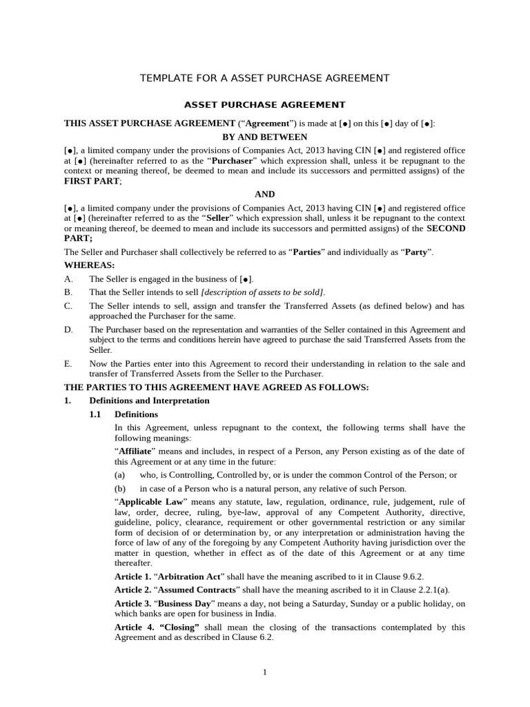 CH02 - Template For A Asset Purchase Agreement | PDF | Taxes | Breach ...