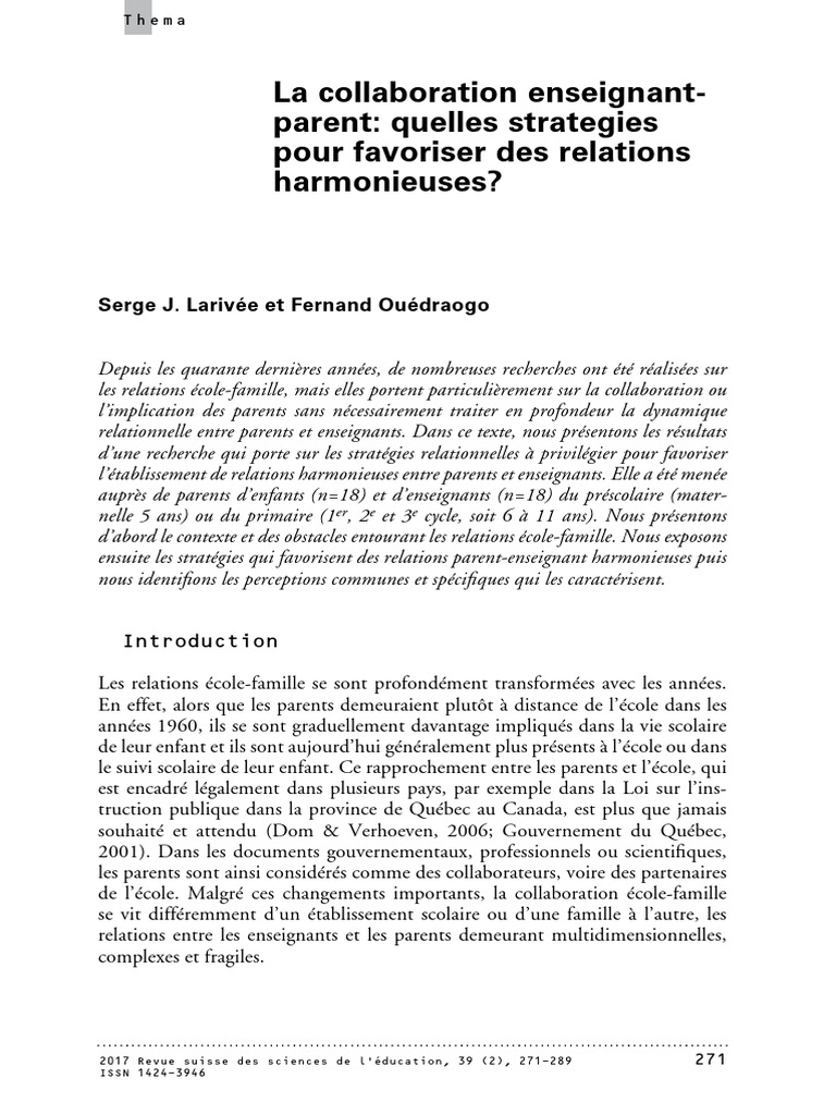La Collaboration Enseignant-Parent | PDF | Enseignants | Apprentissage