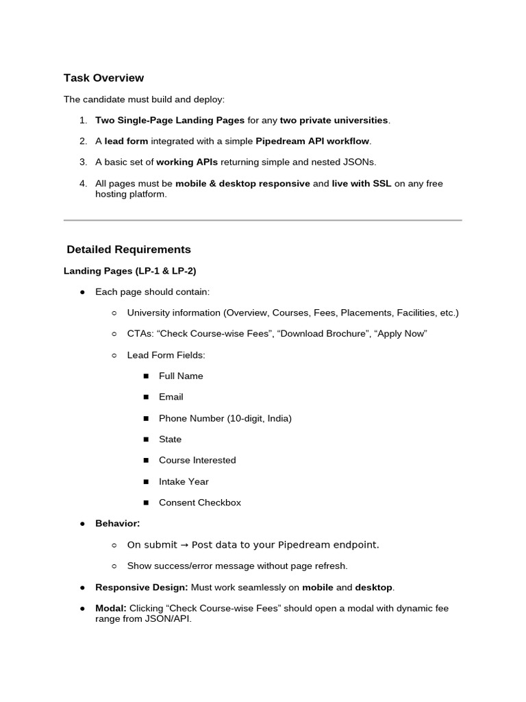 Assessment Task Web Development Intern API and Landing Pages | PDF