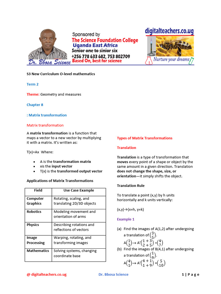 S3 New Curriculum O Level Math Chapter 8 Matrix Transformations | PDF ...