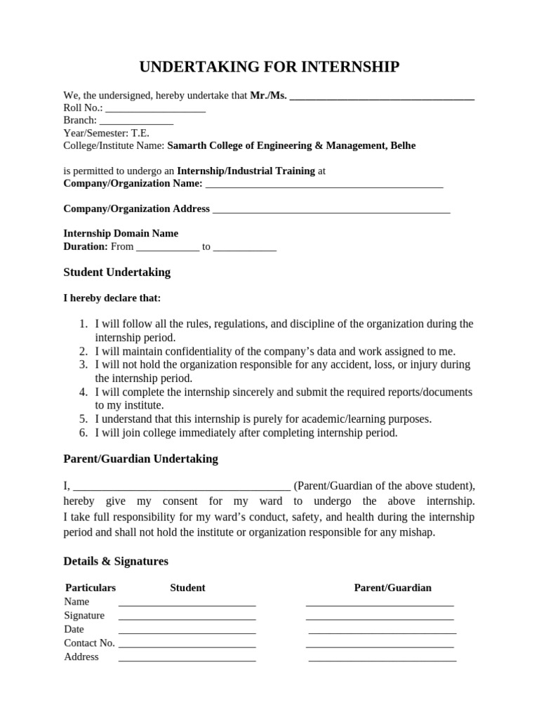 Undertaking For Internship | PDF