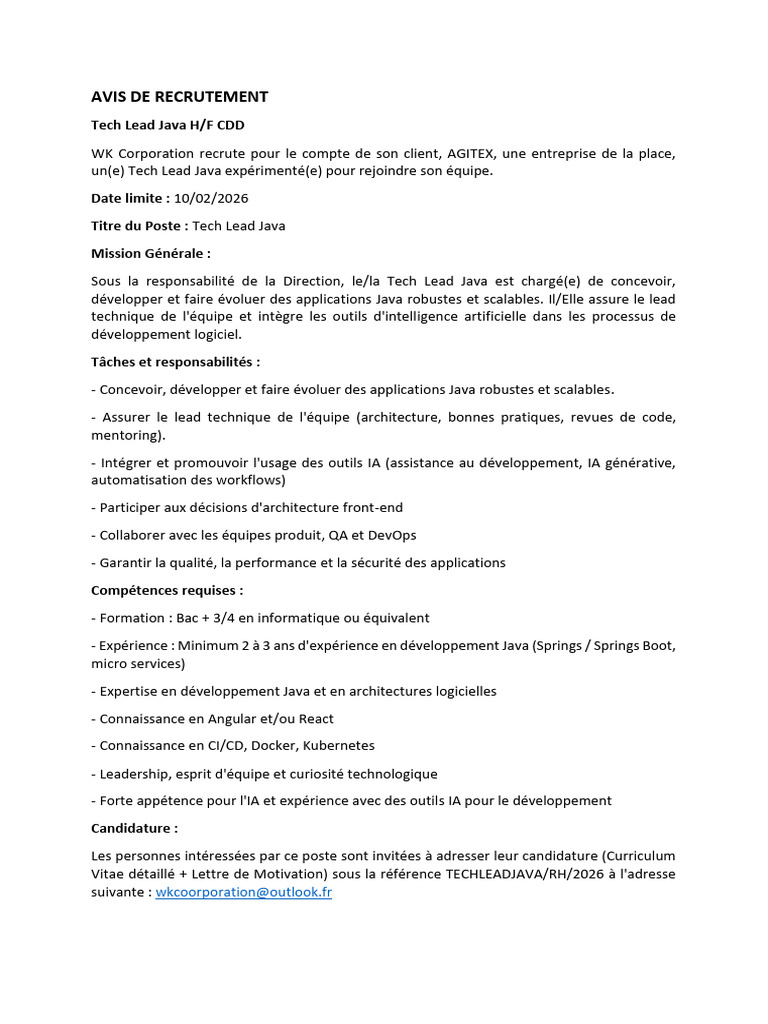 Avis de Recrutement Tech Lead Java | PDF