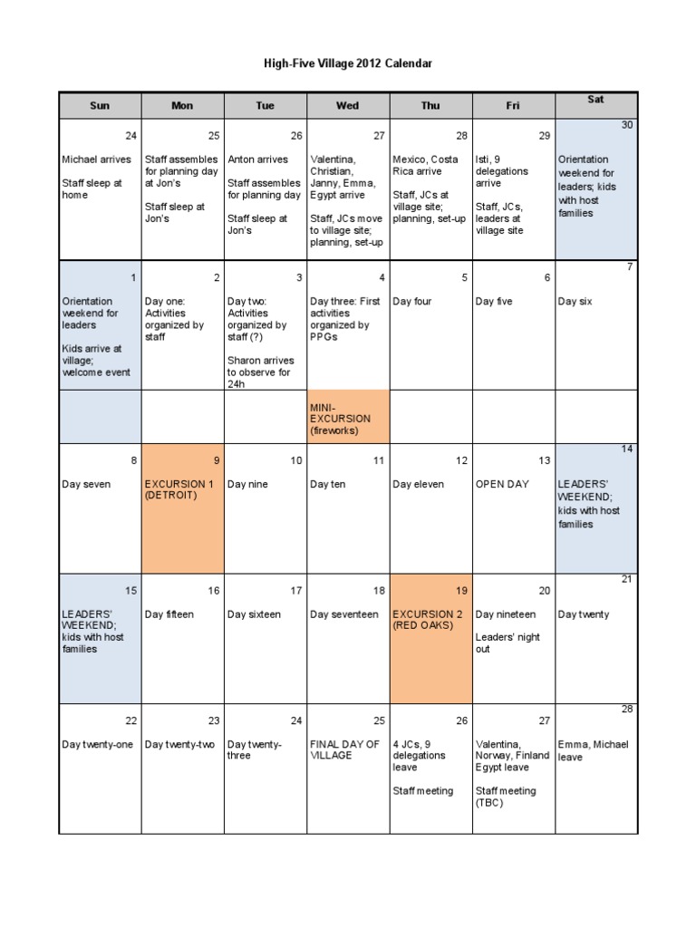 High-Five Village 2012 Calendar Schedule | PDF