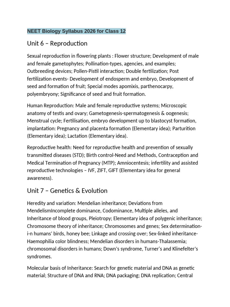 NEET Biology Syllabus 2026 For Class 12 | PDF | Heredity | Genetics