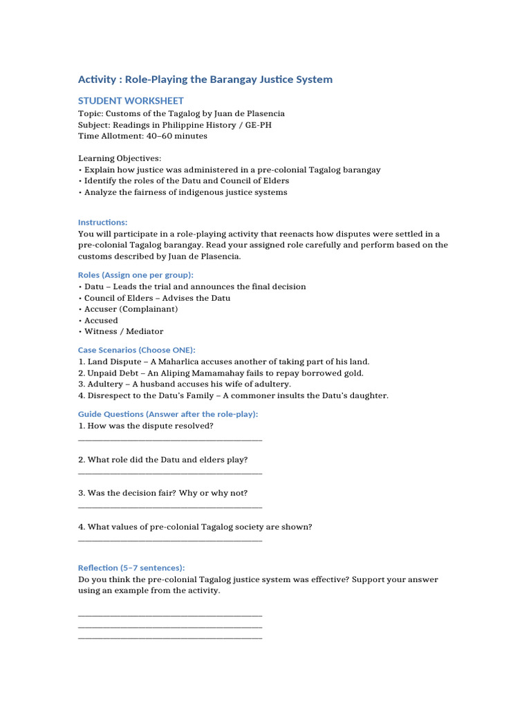 Role Playing Barangay Justice System Worksheet | PDF | Justice | Crime ...