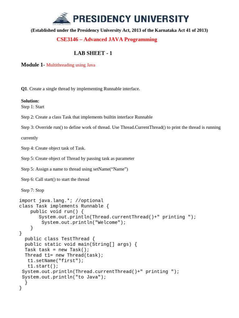 CSE3146-Advanced JAVA Programming-Module 1 - Labsheet | PDF | Thread ...