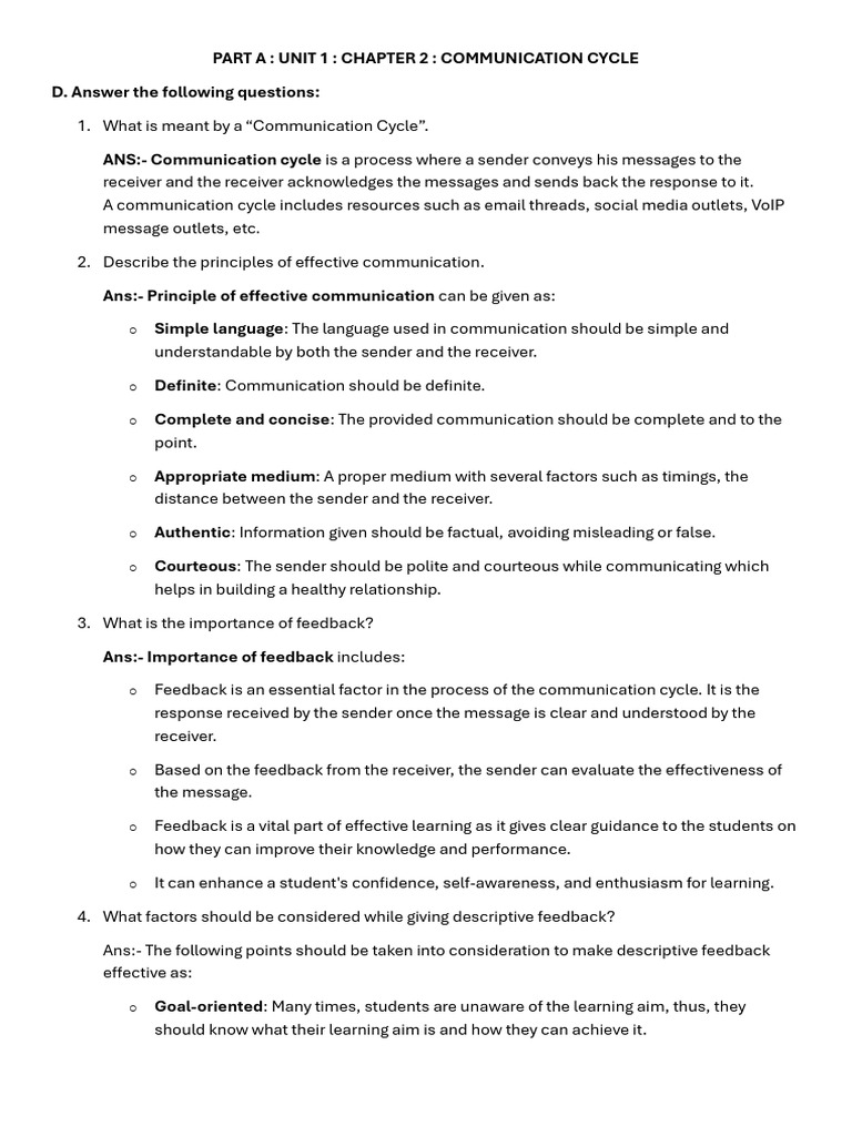 AI CH 2 Communication Cycle Answers | PDF | Communication | Cognition