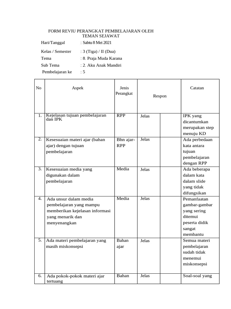 Contoh Form Reviuw RPP | PDF