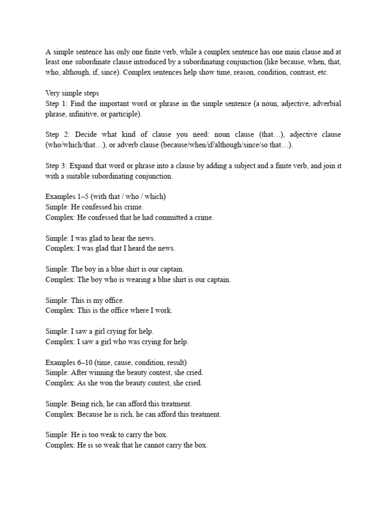 A Simple Sentence Has Only One Finite Verb, While a Complex Sentence ...