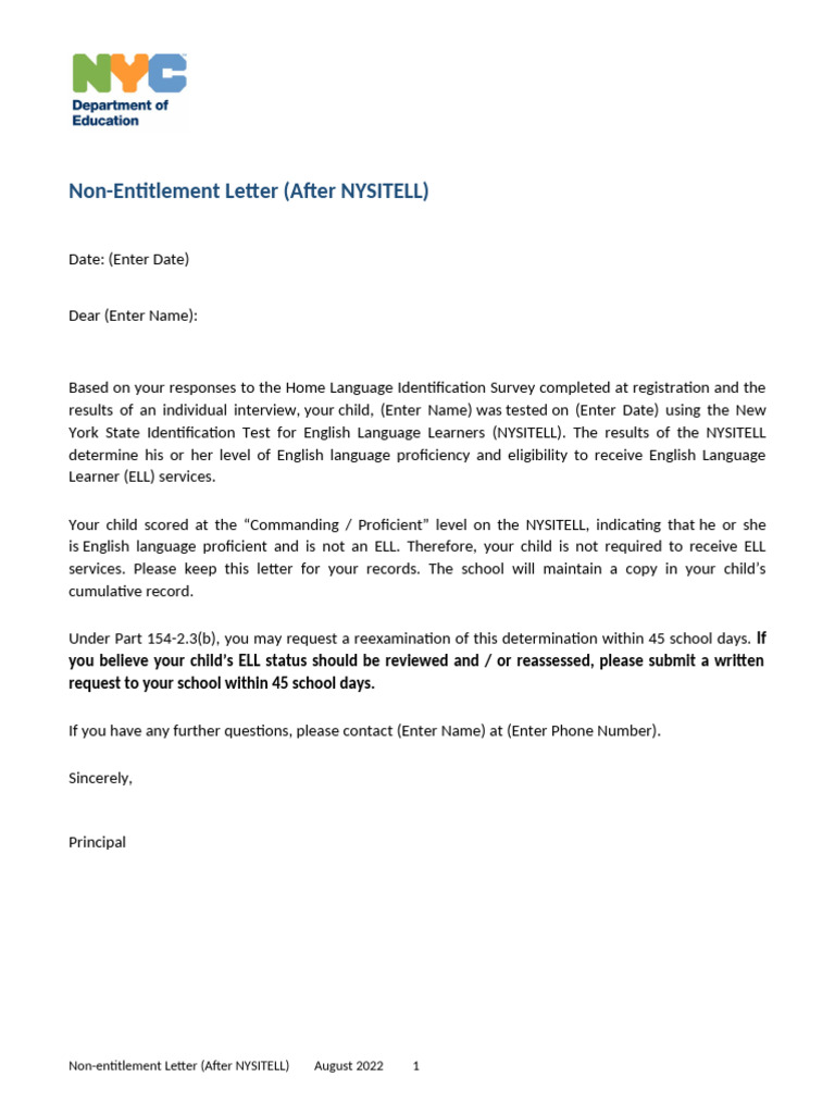Non Entitlement Letter After Nysitell English | PDF