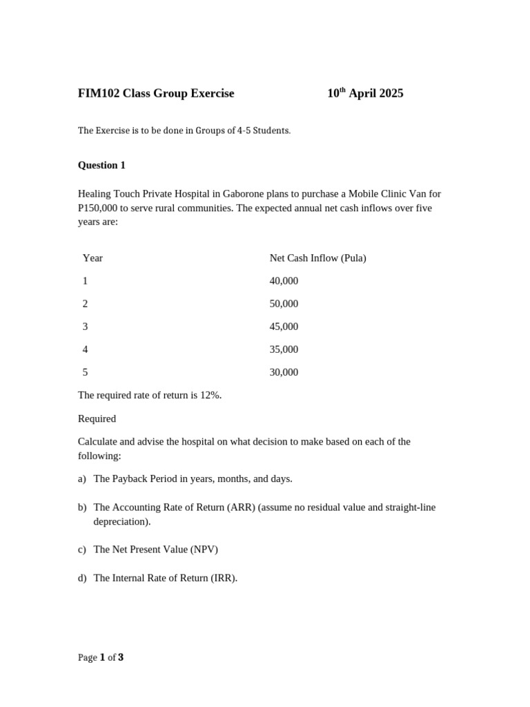 Capital Budgeting Group Exercise | PDF | Net Present Value | Internal ...