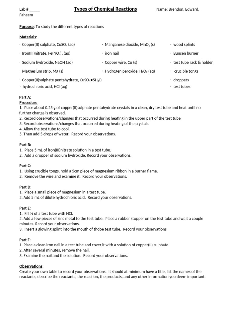 Copy of Copy of 6-7-8 Lab Types of Chemical Reactions V2 | PDF ...