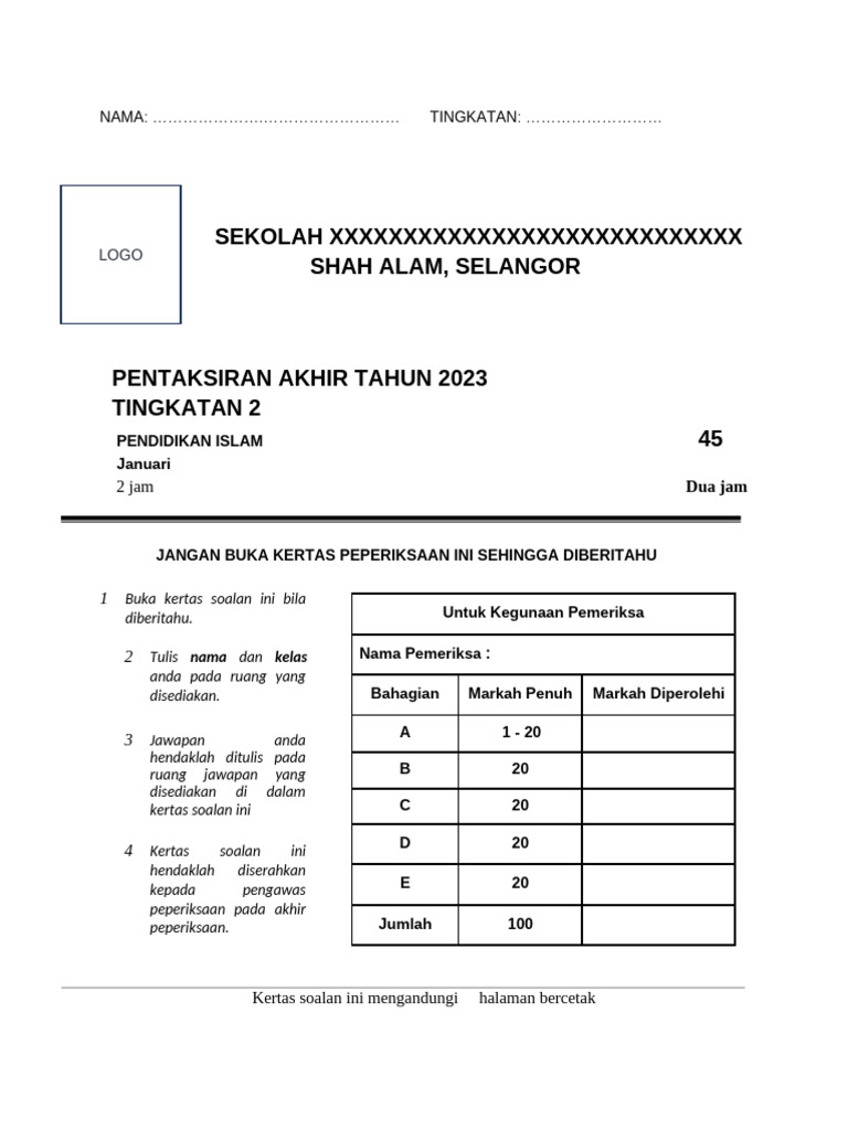 f2 Uasa Set 6 Soalan | PDF